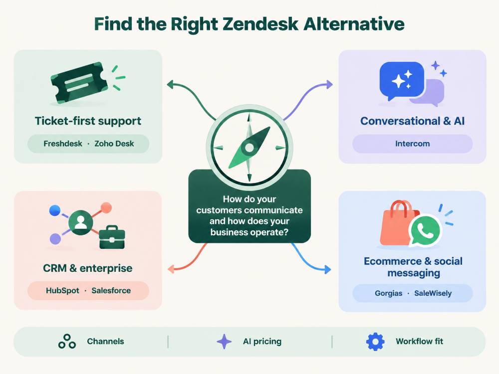 Zendesk alternative decision guide based on ticket-first support, conversational AI, CRM and enterprise needs, and ecommerce or social messaging