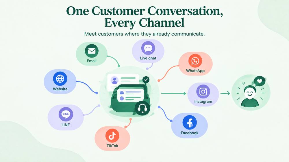 Omnichannel customer service concept showing email, live chat, WhatsApp, Instagram, Facebook, TikTok, LINE, and website messages flowing into one support workspace