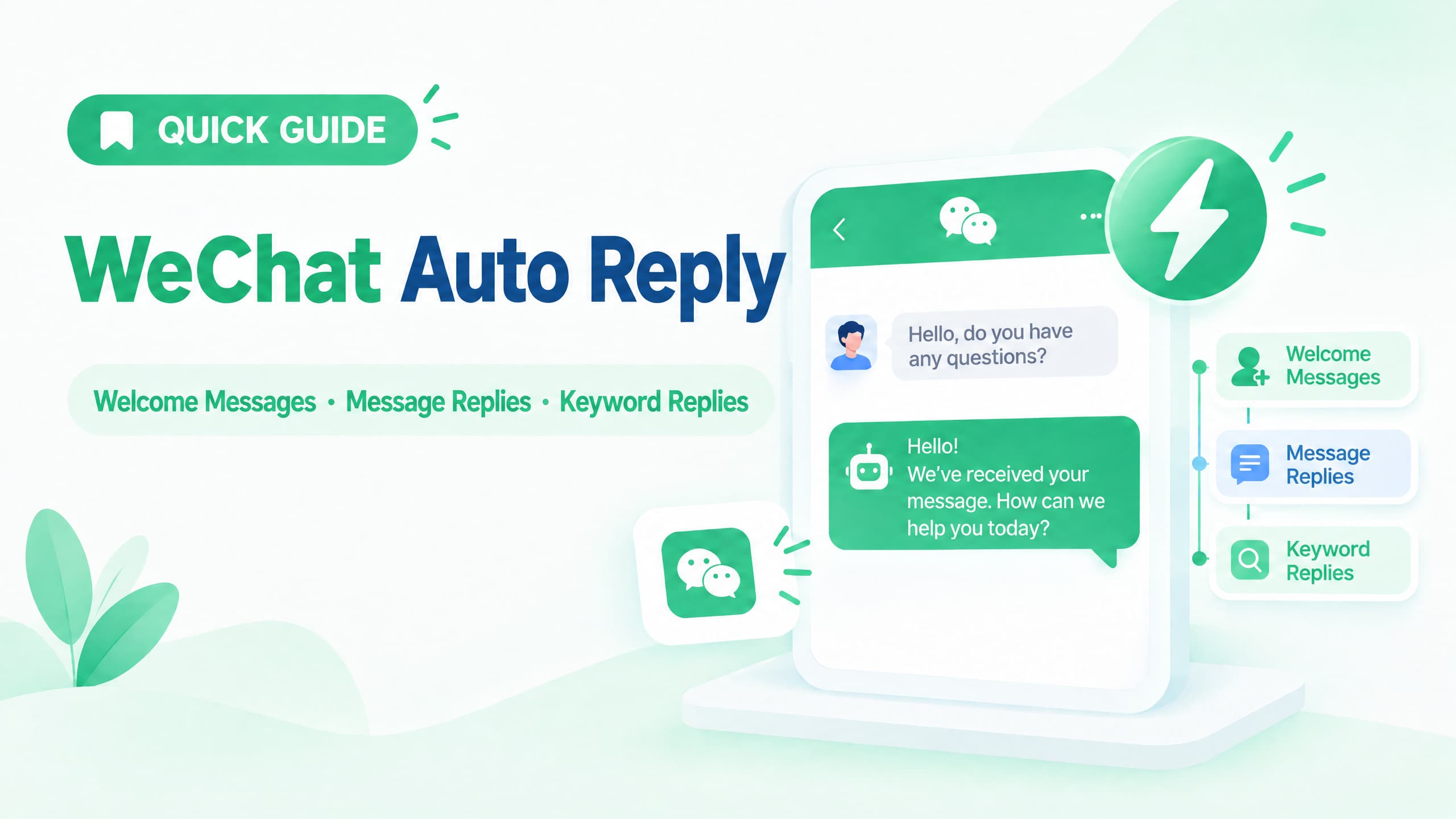 WeChat auto reply guide showing welcome messages, message replies, and keyword replies