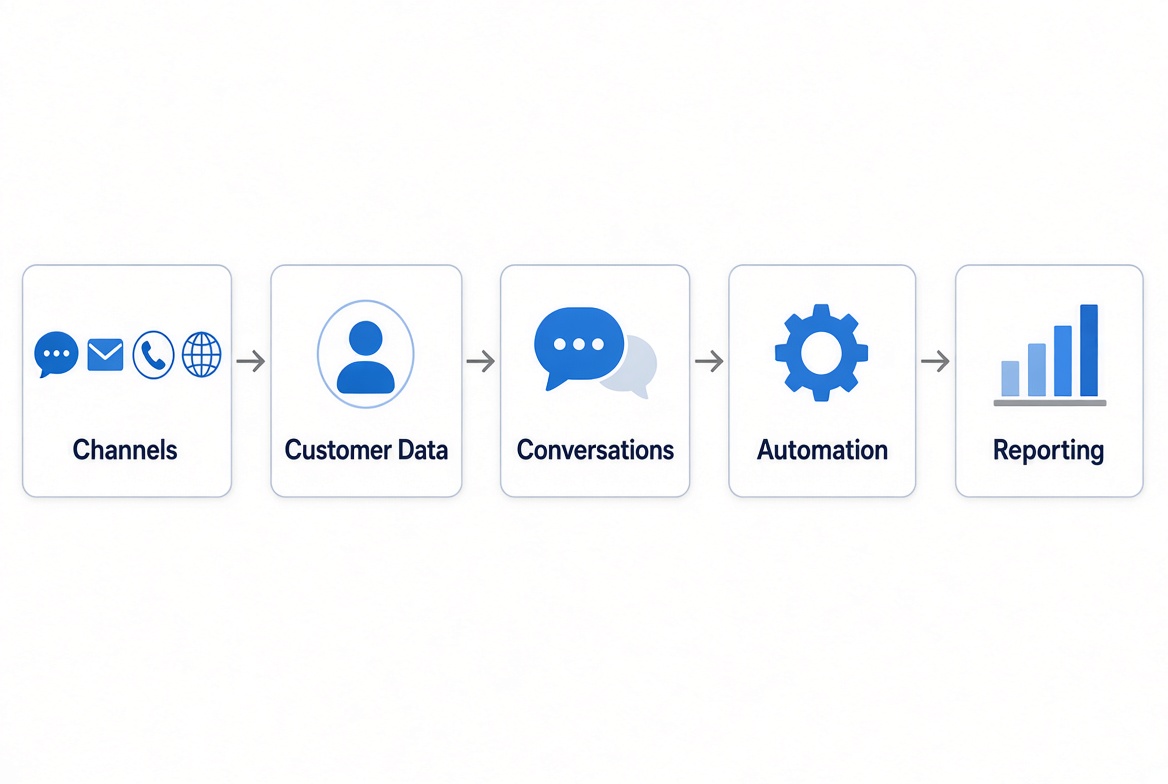 Omnichannel platform workflow diagram: Channels to Customer Data to Conversations to Automation to Reporting