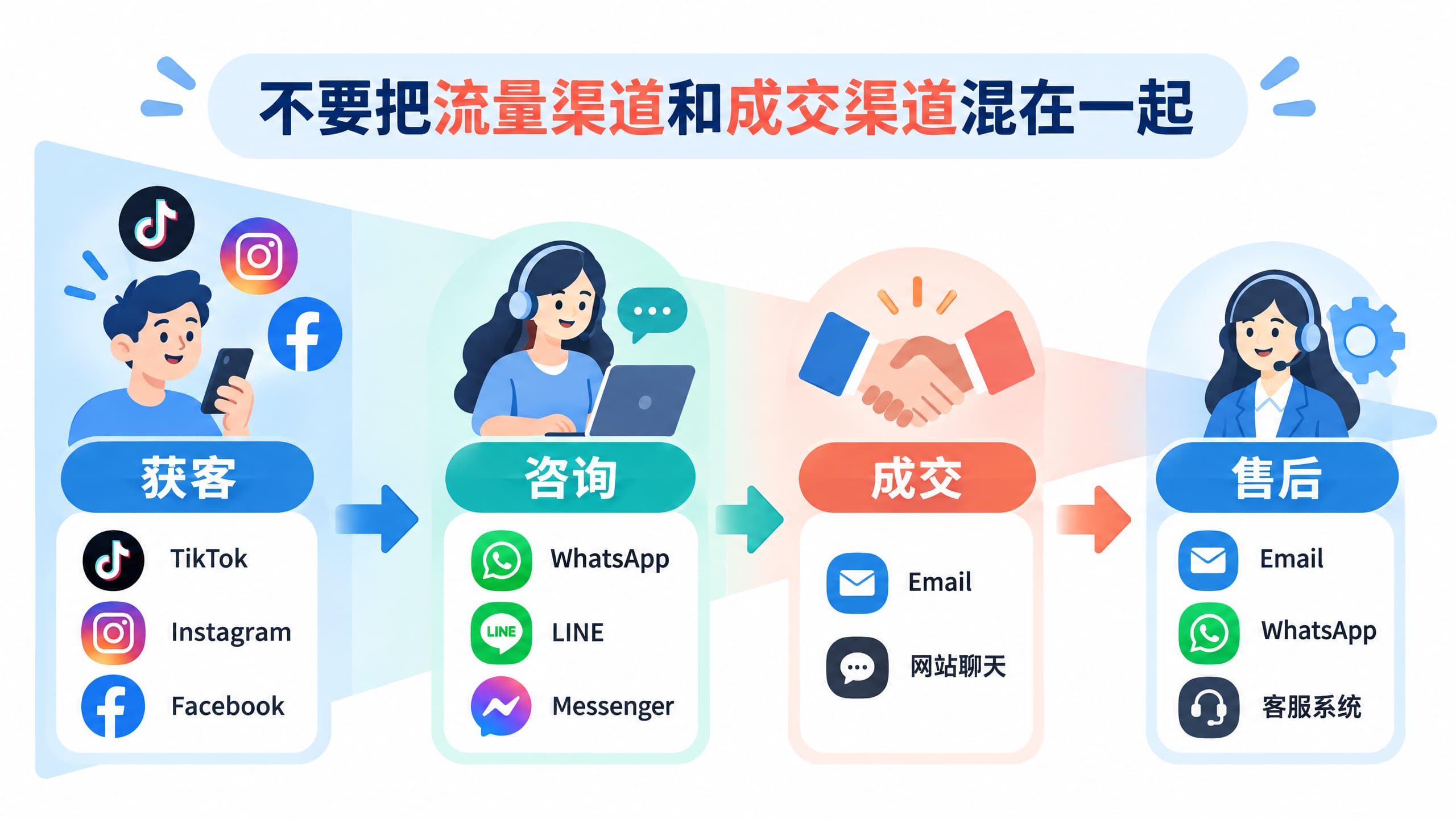 海外客户从获客、咨询、成交到售后的渠道流程图,分别对应 TikTok、Instagram、Facebook,WhatsApp、LINE、Messenger,Email、网站聊天和客服系统。 海外客户从获客、咨询、成交到售后的渠道流程图,分别对应 TikTok、Instagram、Facebook,WhatsApp、LINE、Messenger,Email、网站聊天和客服系统。