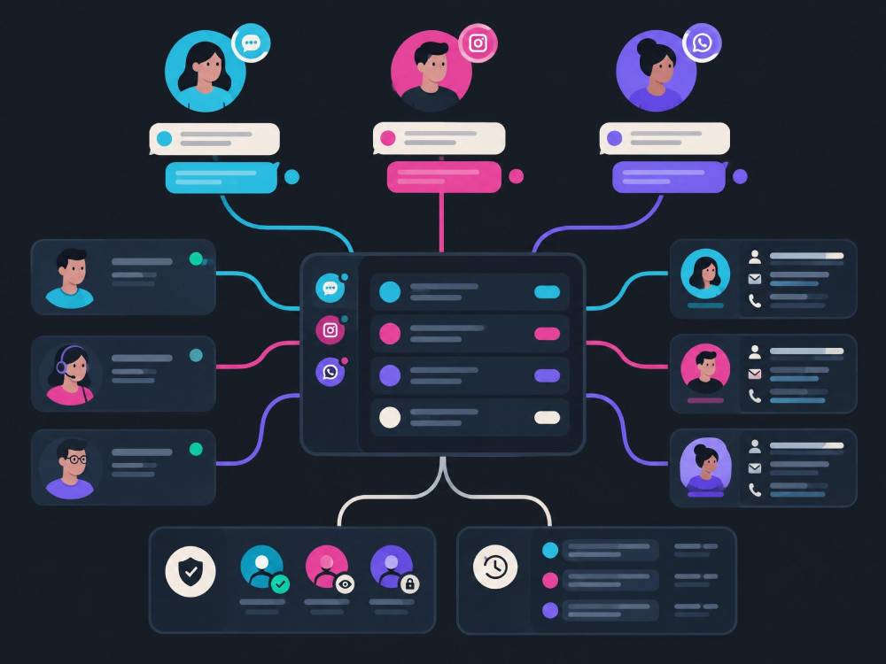 Illustration of multiple TikTok accounts routing conversations into a shared inbox and assigning them to customer service agents, customer records, and permission systems Illustration of multiple TikTok accounts routing conversations into a shared inbox and assigning them to customer service agents, customer records, and permission systems