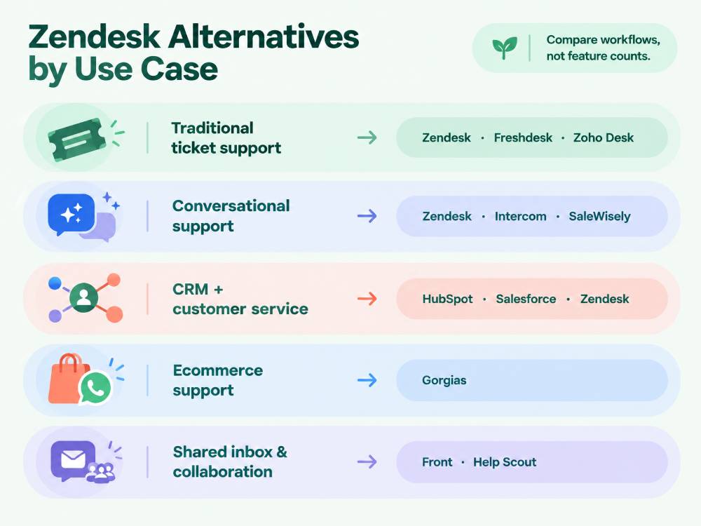 Zendesk alternatives by use case, comparing ticket support, conversational support, CRM customer service, ecommerce support, and shared inbox platforms