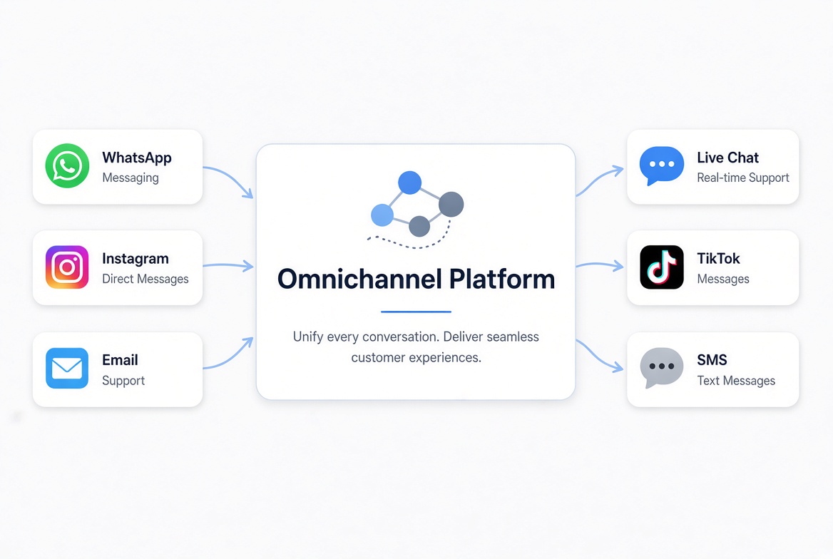 Omnichannel platform diagram showing WhatsApp, Instagram, Email, Live Chat, TikTok, and SMS connected into one unified system