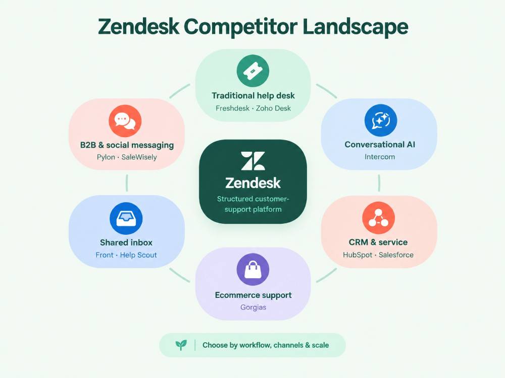 Zendesk competitor landscape showing traditional help desk, conversational AI, CRM and service, ecommerce support, shared inbox, and social messaging platforms