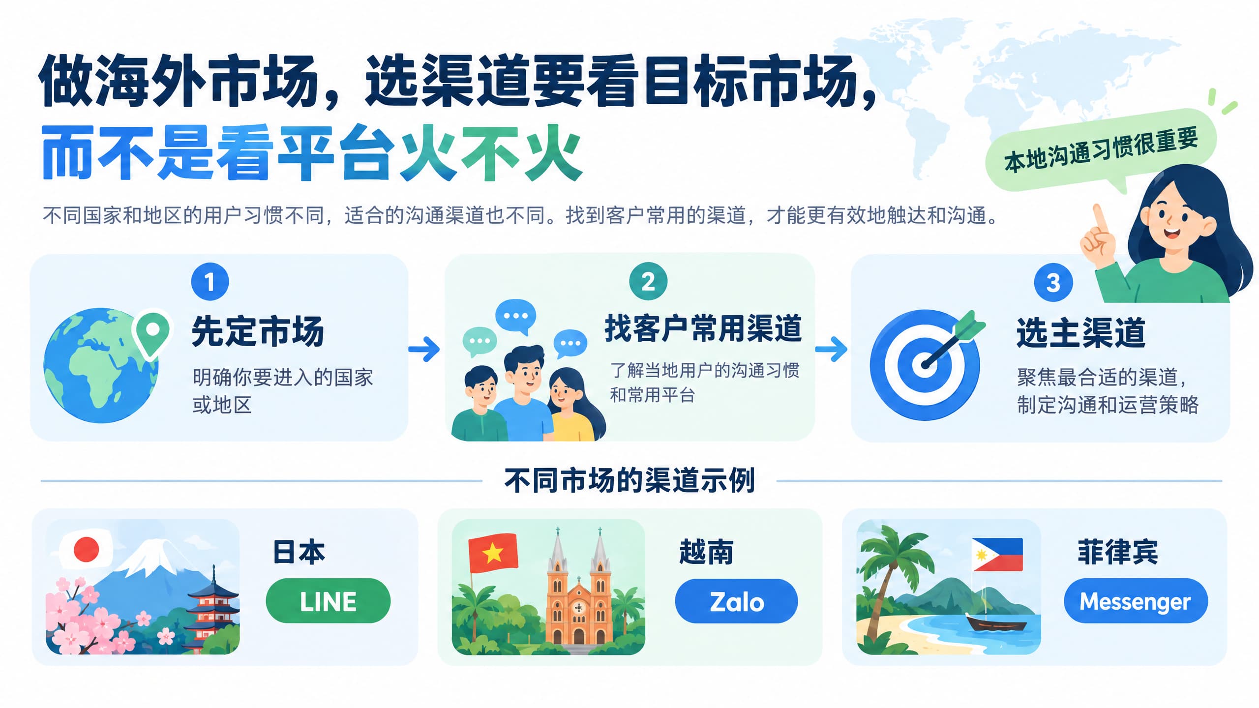 从目标市场到主渠道的三步图,展示先定市场、找客户常用渠道、再选主渠道,并列出日本 LINE、越南 Zalo、菲律宾 Messenger 示例。 从目标市场到主渠道的三步图,展示先定市场、找客户常用渠道、再选主渠道,并列出日本 LINE、越南 Zalo、菲律宾 Messenger 示例。