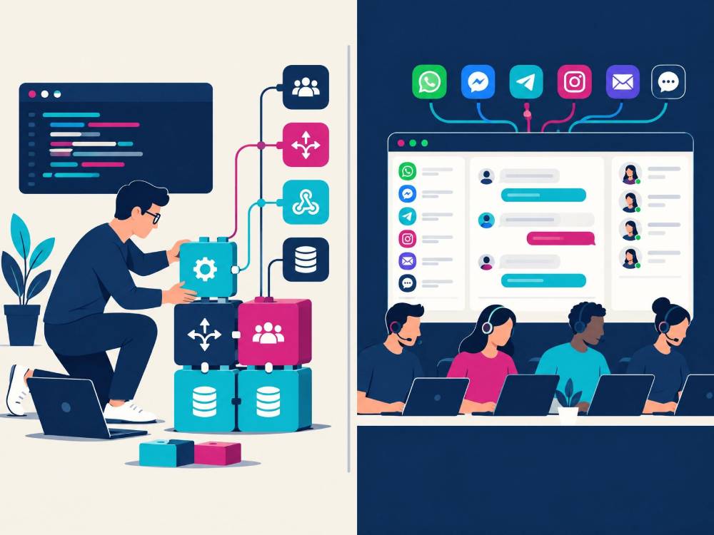 Comparison illustration showing a custom TikTok Business Messaging API integration alongside a ready-made multi-account messaging platform Comparison illustration showing a custom TikTok Business Messaging API integration alongside a ready-made multi-account messaging platform