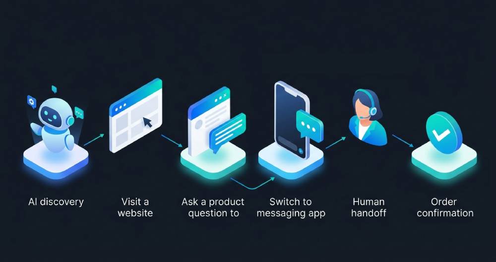 A step-by-step workflow illustrating a customer journey from AI discovery and website interaction to channel switching, human handoff, and order confirmation. A step-by-step workflow illustrating a customer journey from AI discovery and website interaction to channel switching, human handoff, and order confirmation.