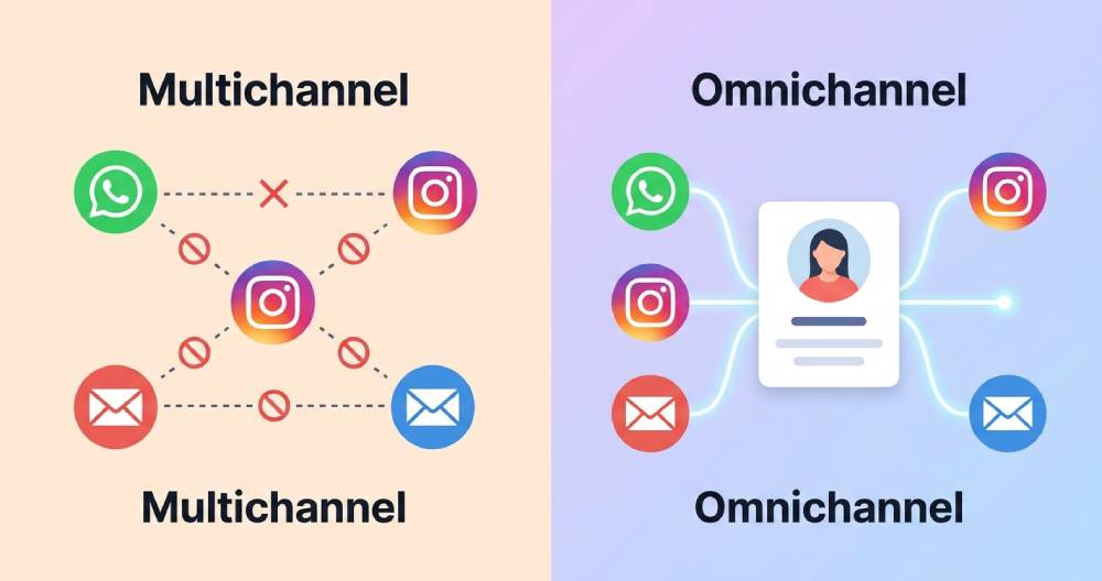 A split-screen comparison diagram showing disconnected channels in Multichannel vs. centralized customer profiles in Omnichannel ecommerce. A split-screen comparison diagram showing disconnected channels in Multichannel vs. centralized customer profiles in Omnichannel ecommerce.